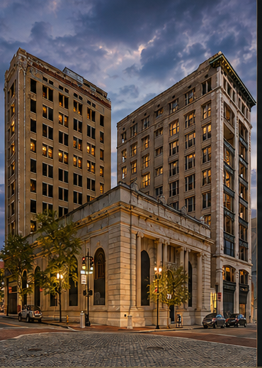 The Laura Street Trio at dusk — Marble Bank, Bisbee Building, and Florida Life Building